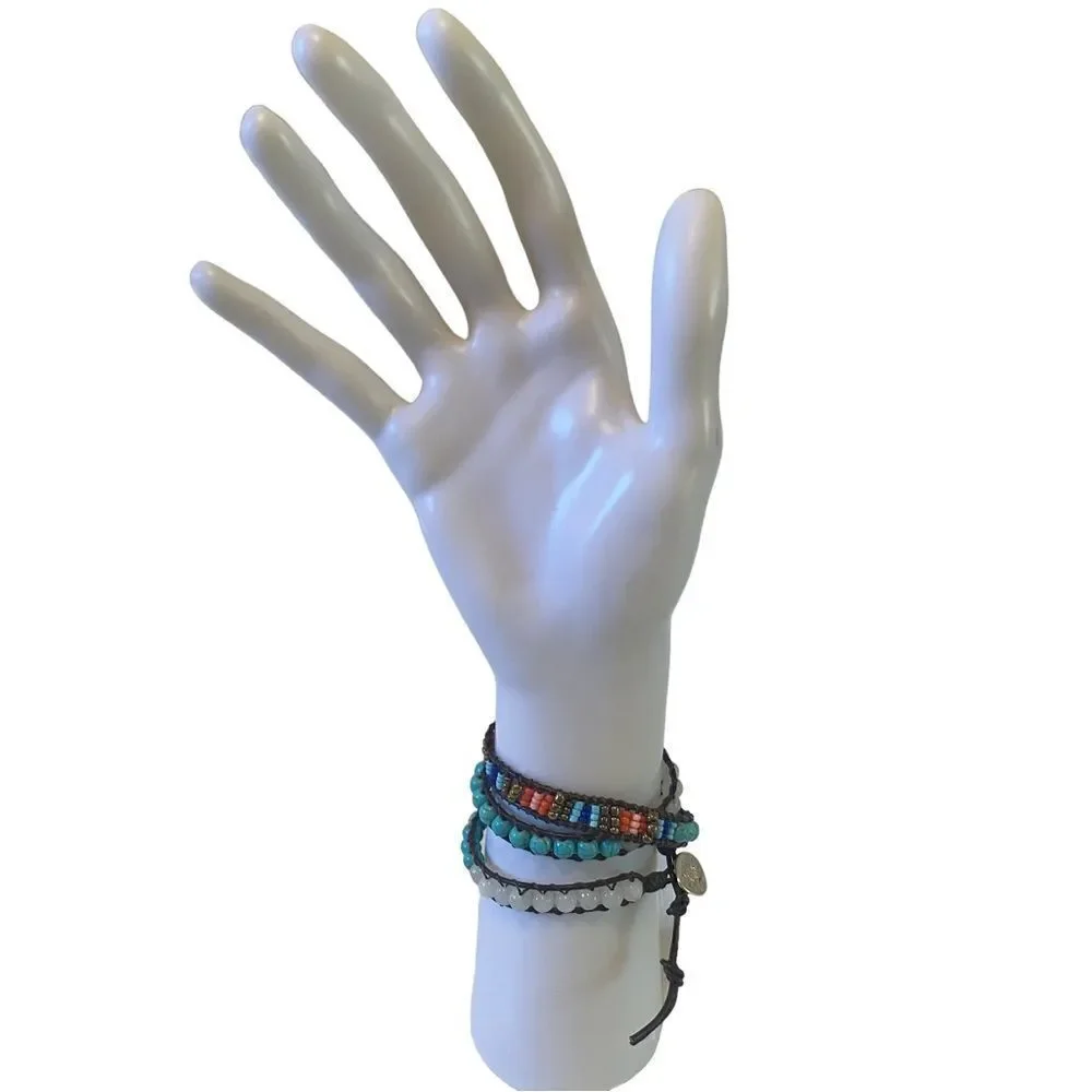 Multi Colored Seed Bead & Leather Wraparound Bracelet.